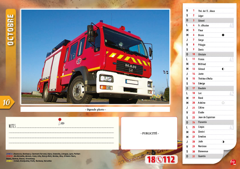Calendrier personnalisé de pompiers 12 mois 2 faces N°2 - Bloc Publicitaire